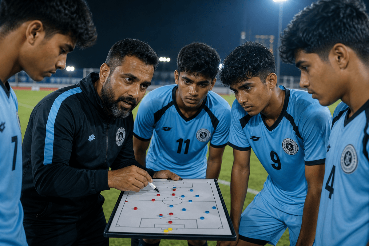 Coach explaining positional play on a tactics board